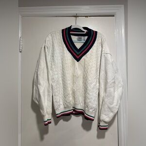 VTG 90s Cape Isle Knitters Sz:XL Oversized Colorful Vneck  Cable Knit sweater.